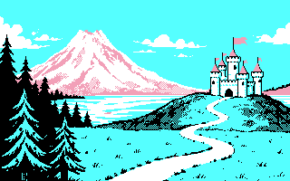 Pixel art of a castle with a waving flag on a hill, Mount Rainier and a lake behind it, evergreens in front